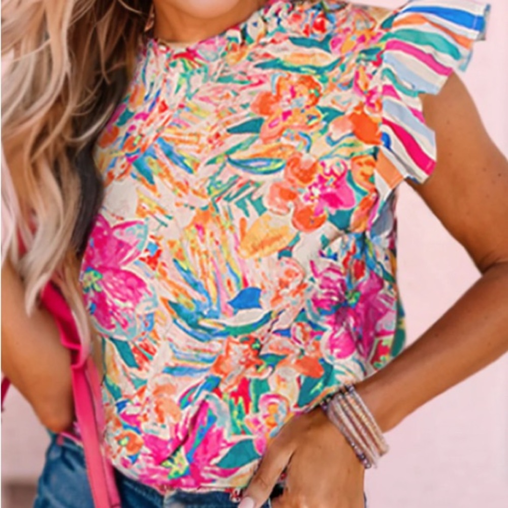 Floral Multicolor Ruffle Sleeve Top medium